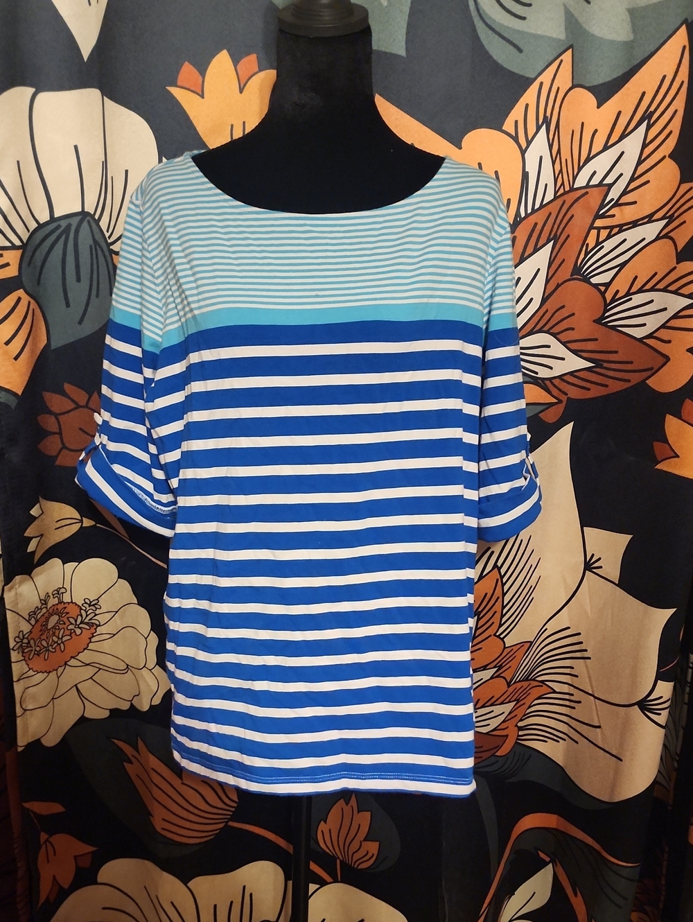 Ruby Rd. Striped Boatneck Short Sleeve Top in Blue and White